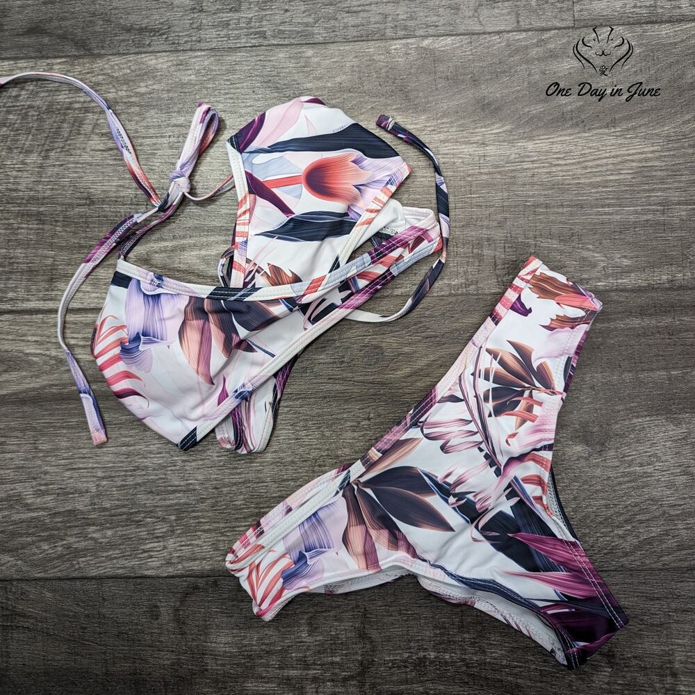 Gakau Floral Criss Cross Lace Up Bikini Swimsuit Size S